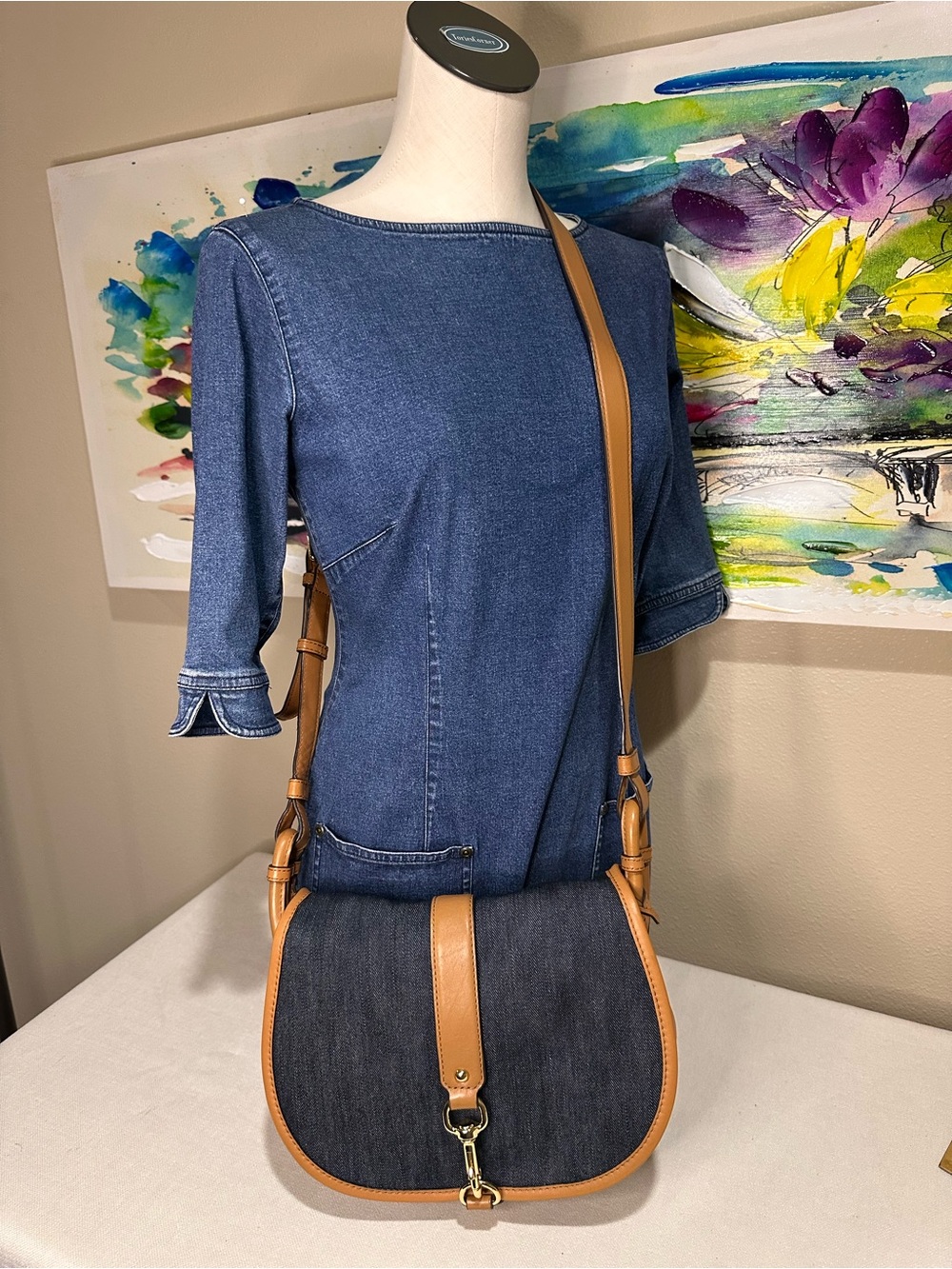Michael Kors Jamie Denim and Tan Leather Crossbody Saddle Bag - Picture 14 of 14